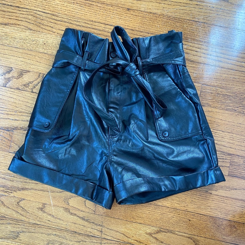 High waisted black leather shorts